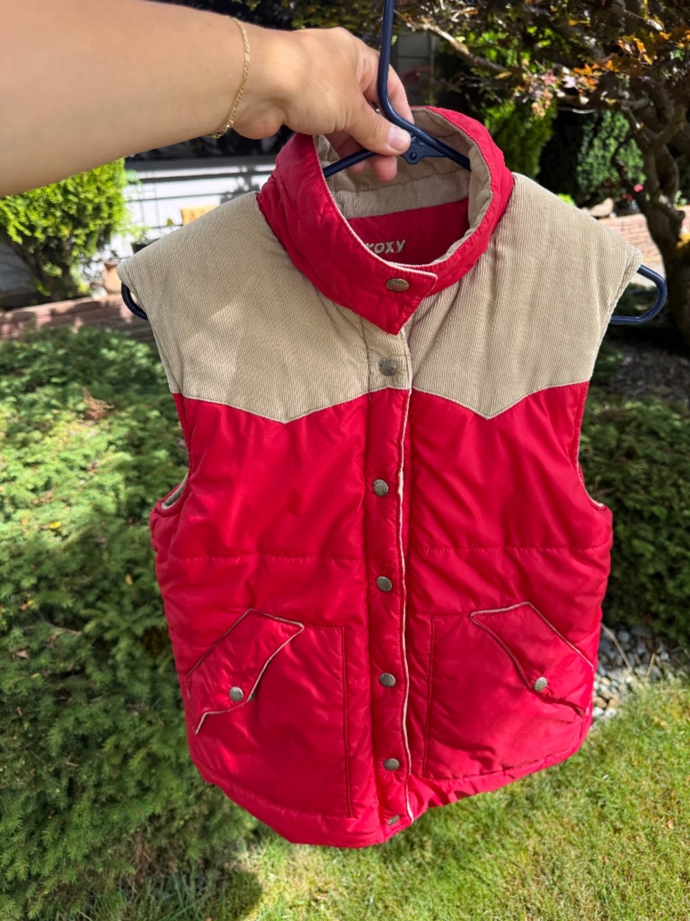 ROXY Vintage 90s Y2K Corduroy Red & Tan Reversible Bomber Puffer Vest Women’s M.